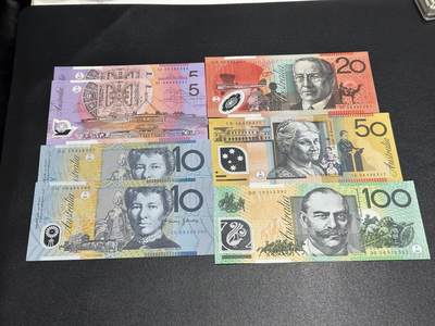 《外钞收藏家》第六百二十一期（精选场）（长期征集拍品、欢迎藏友们联系合作） - 澳大利亚前一版5-100澳元（5和10有两张）7张一起 全新UNC 但20和50有轻微压痕