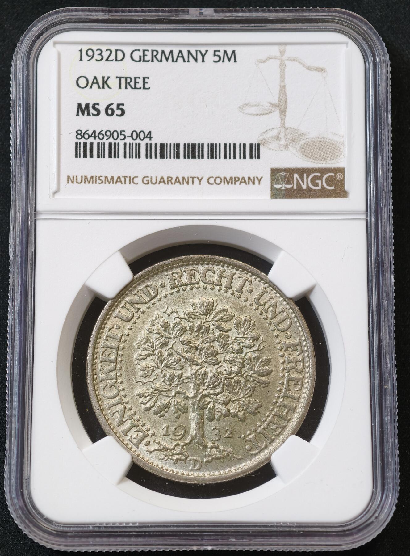 “方寸甄品”甄品场，甄臻铺-世界币章拍卖（第57期，直播拍卖），送拍享返佣金等优惠多多 NGC-MS65 德国1932年A版魏玛橡树5马克银币 经典品种，黄油彩老包浆，暴力转光，深打有细节，高分，值得收藏