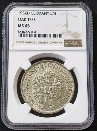 “方寸甄品”甄品场，甄臻铺-世界币章拍卖（第57期，直播拍卖），送拍享返佣金等优惠多多 - NGC-MS65 德国1932年A版魏玛橡树5马克银币 经典品种，黄油彩老包浆，暴力转光，深打有细节，高分，值得收藏