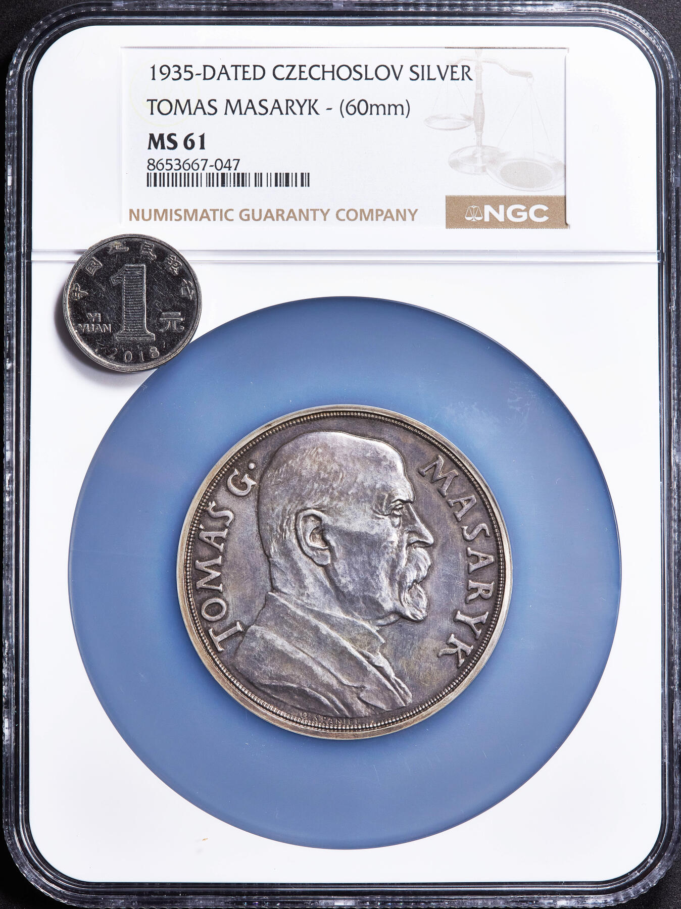 【俄甄集藏】2026年(050)04-01星期三 晚 19:30 全场包邮 捷克斯洛伐克1935年纪念首任总统托马斯·加里格·马萨里克85寿辰大银章，NGC MS61，直径：60mm，货币体系奠基人雕刻家奥塔卡尔·什帕尼尔名誉作品，经典品种，原味老包浆，好品难得