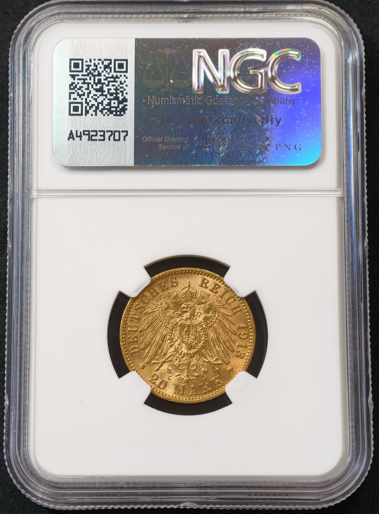 “方寸甄品”甄品场，甄臻铺-世界币章拍卖（第57期，直播拍卖），送拍享返佣金等优惠多多 NGC-MS63 德国汉堡 20马克 金币，经典品种，硬通货。