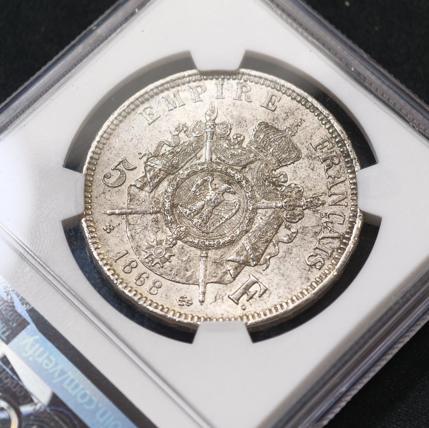 “方寸甄品”甄品场，甄臻铺-世界币章拍卖（第57期，直播拍卖），送拍享返佣金等优惠多多 NGC-MS63 1868年BB版法国拿破仑三世法郎银币，法系中比较经典的拿三5法郎，63分高分原光值得收藏