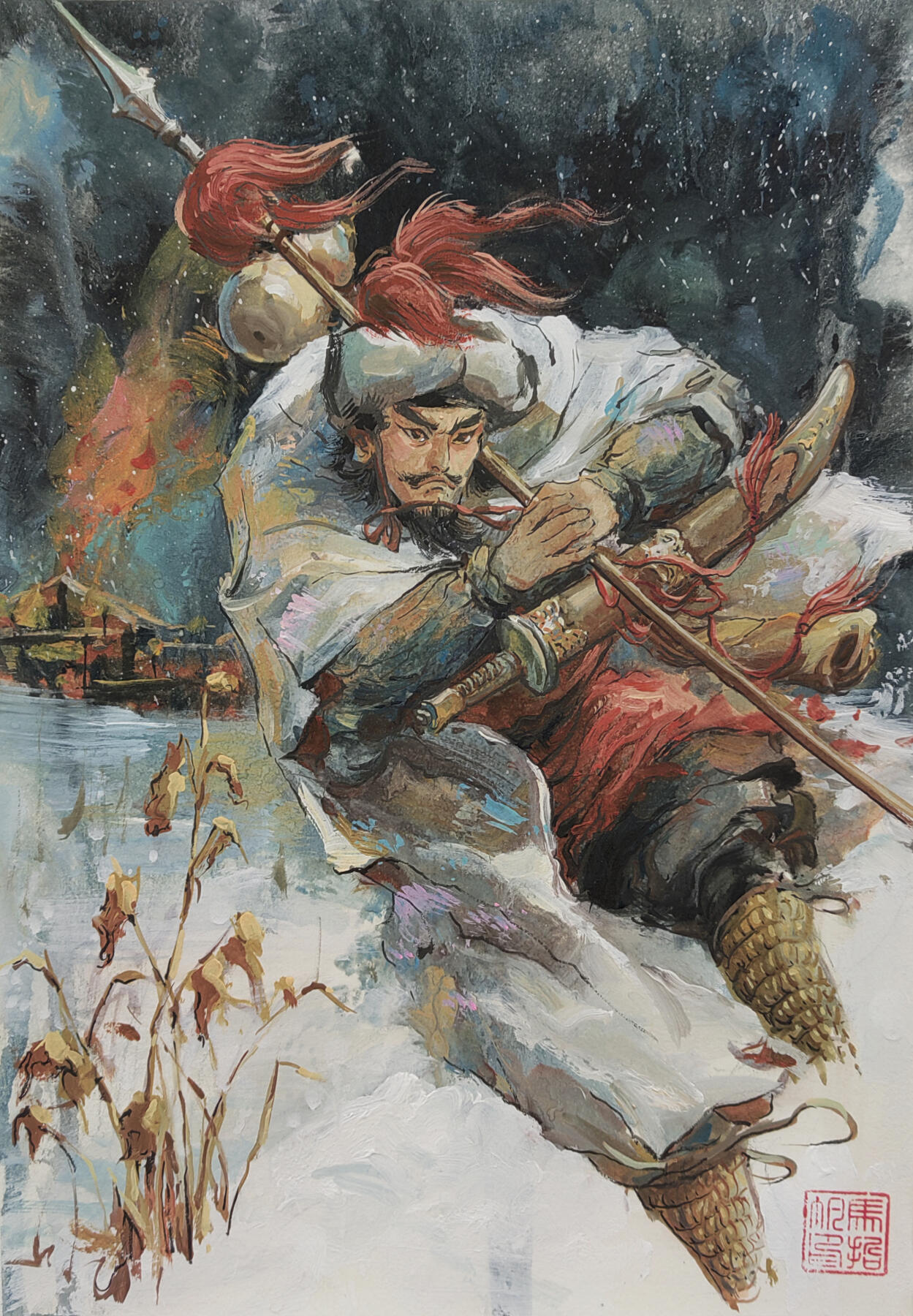 白泽拍卖卡牌手绘专场第34期（花朝去了又春分 草如茵 柳烟新） 2026 马哲帆手绘画 林冲 尺寸：25.3cm*36.5cm  马哲帆钤印