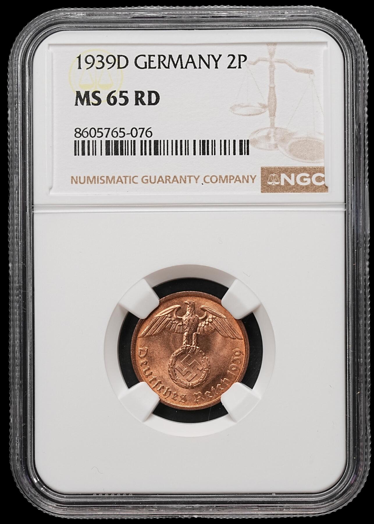 修遠堂世界钱币第109期 NGC MS65RD 1939年德国2芬尼铜币 RD难得 D厂铭