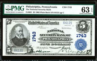 【Blue Auction】世界纸币精拍第799期——18级TOP拍卖/信誉/品质/专业/高效💫 - 【手签字迹清晰】美国 宾夕法尼亚州 1902年5美金 背面经典油画《Landing of the Pilgrims》（朝圣者登陆）设计精美 美国第23任美国总统本杰明·哈里森 大胡子雕刻佳 PMG63EPQ 全新原票 老壳（同fr.601同银行同分连号的一张今年拍了840美金）