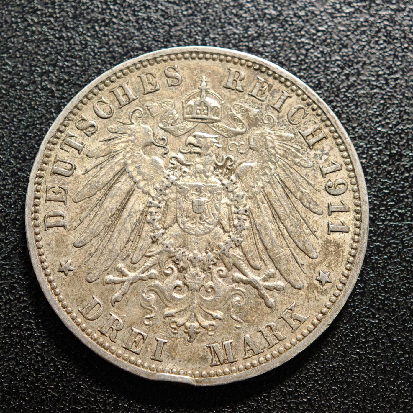 【德藏】世界币章拍卖第169期（拍品征集中~欢迎藏友联系） 1911年 德国汉堡3马克银币 直径约：33.2mm；重约：16.6g 淡彩包浆