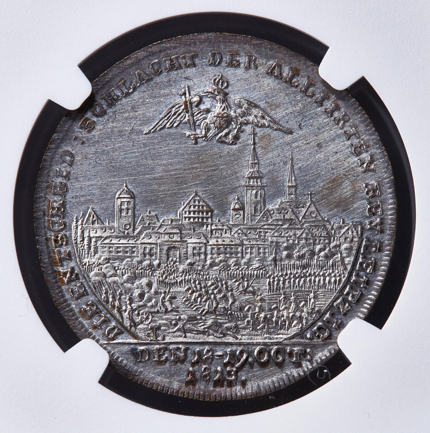 【俄甄集藏】2026年(050)04-01星期三 晚 19:30 全场包邮 沙俄1813年纪念反法同盟莱比锡战役胜利镀银铜章，NGC UNCD，类精制底板，稀少品种，奥地利皇帝弗朗茨一世，俄国沙皇亚历山大一世