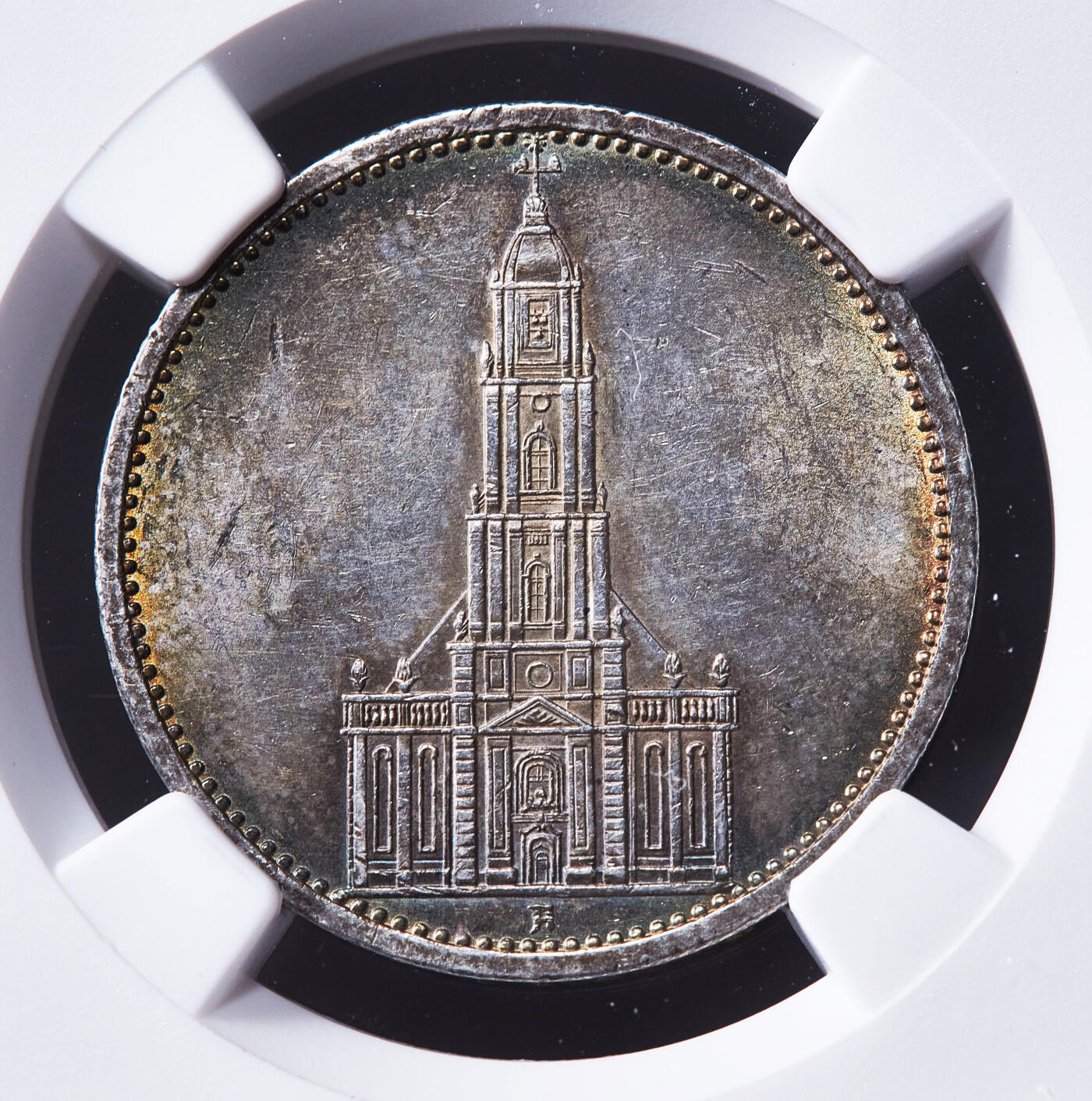 【俄甄集藏】2026年(050)04-01星期三 晚 19:30 全场包邮 德国第三帝国1935年A版波茨坦教堂无字版5马克银币，NGC MS62，五彩包浆，原光品相