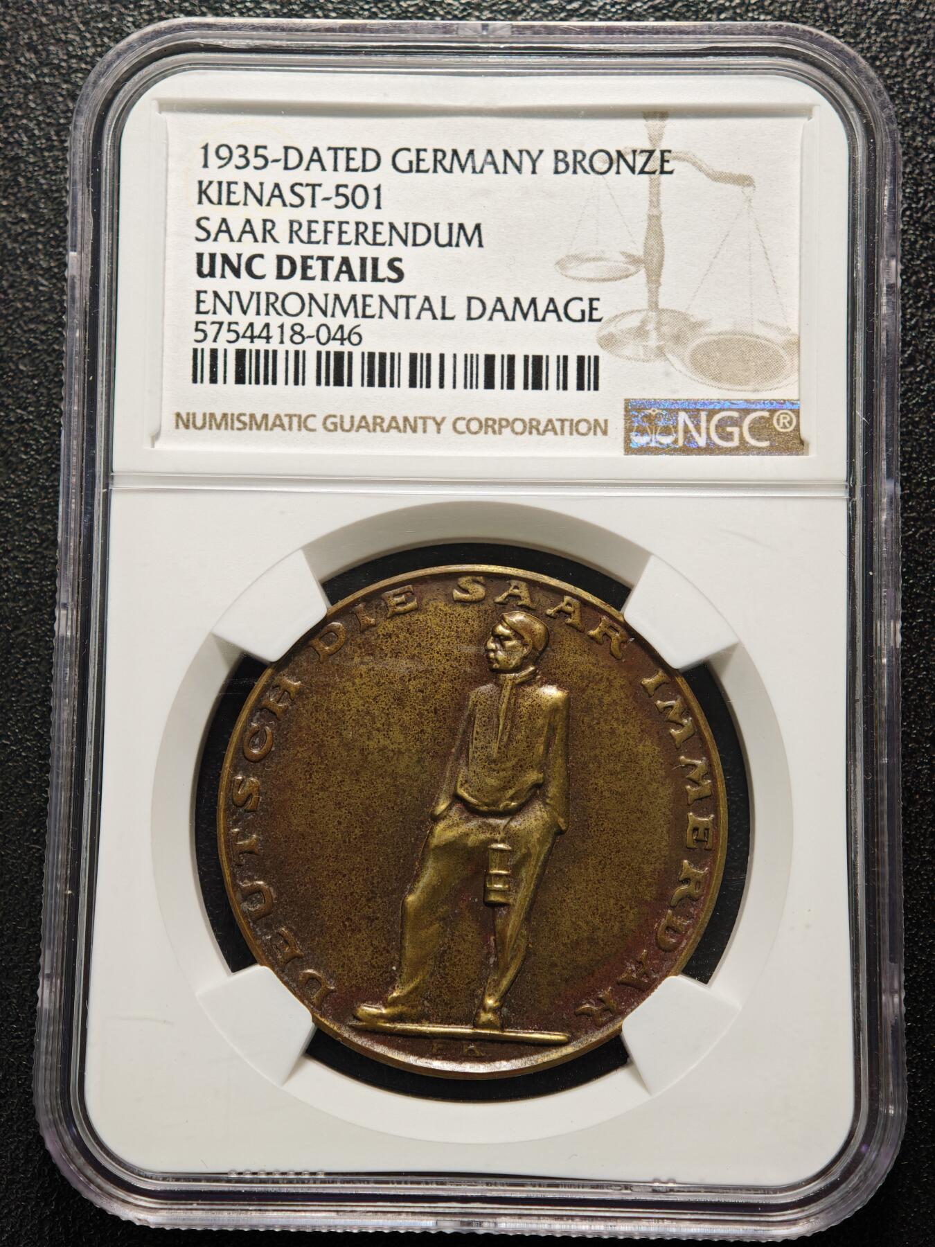 【德藏】世界币章拍卖第169期（拍品征集中~欢迎藏友联系） 1935年 德国萨尔公投纪念铜章 NGC UNC