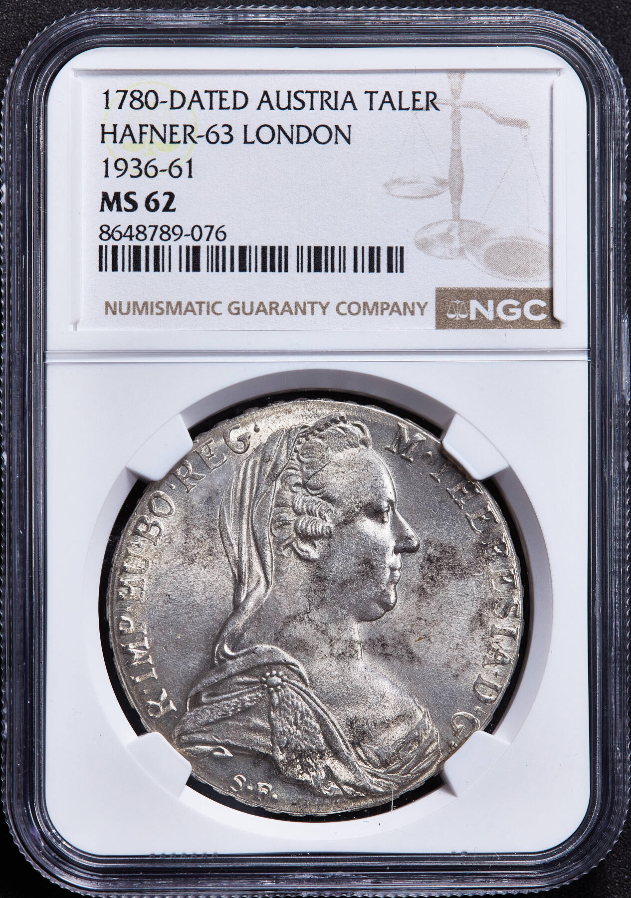 【俄甄集藏】2026年(050)04-01星期三 晚 19:30 全场包邮 奥地利1936-1961年伦敦厂后铸版玛利亚·特蕾莎头像1泰勒大奶妈银币，NGC MS62，转光品相