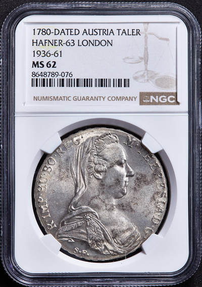 【俄甄集藏】2026年(050)04-01星期三 晚 19:30 全场包邮 - 奥地利1936-1961年伦敦厂后铸版玛利亚·特蕾莎头像1泰勒大奶妈银币，NGC MS62，转光品相