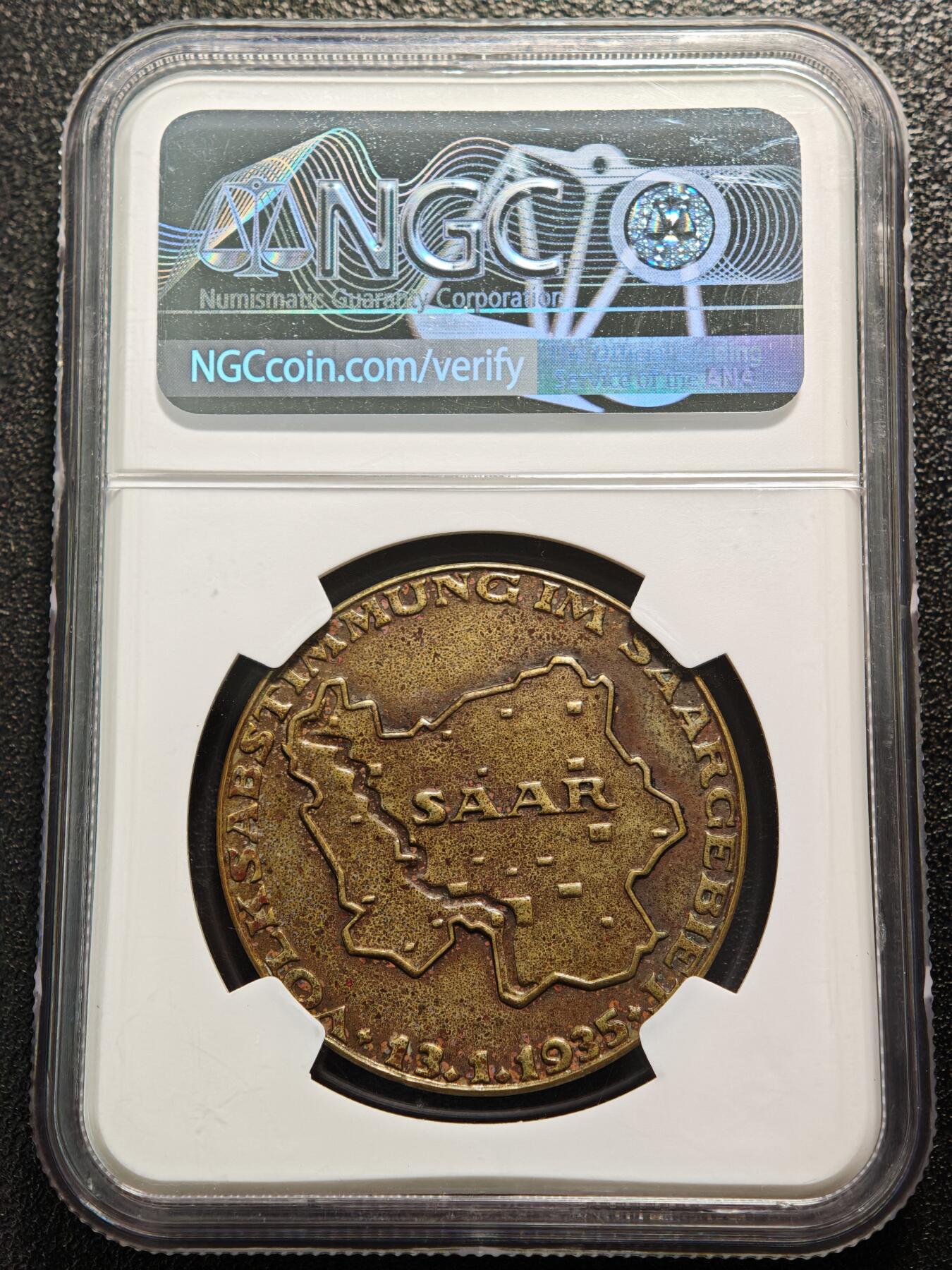 【德藏】世界币章拍卖第169期（拍品征集中~欢迎藏友联系） 1935年 德国萨尔公投纪念铜章 NGC UNC