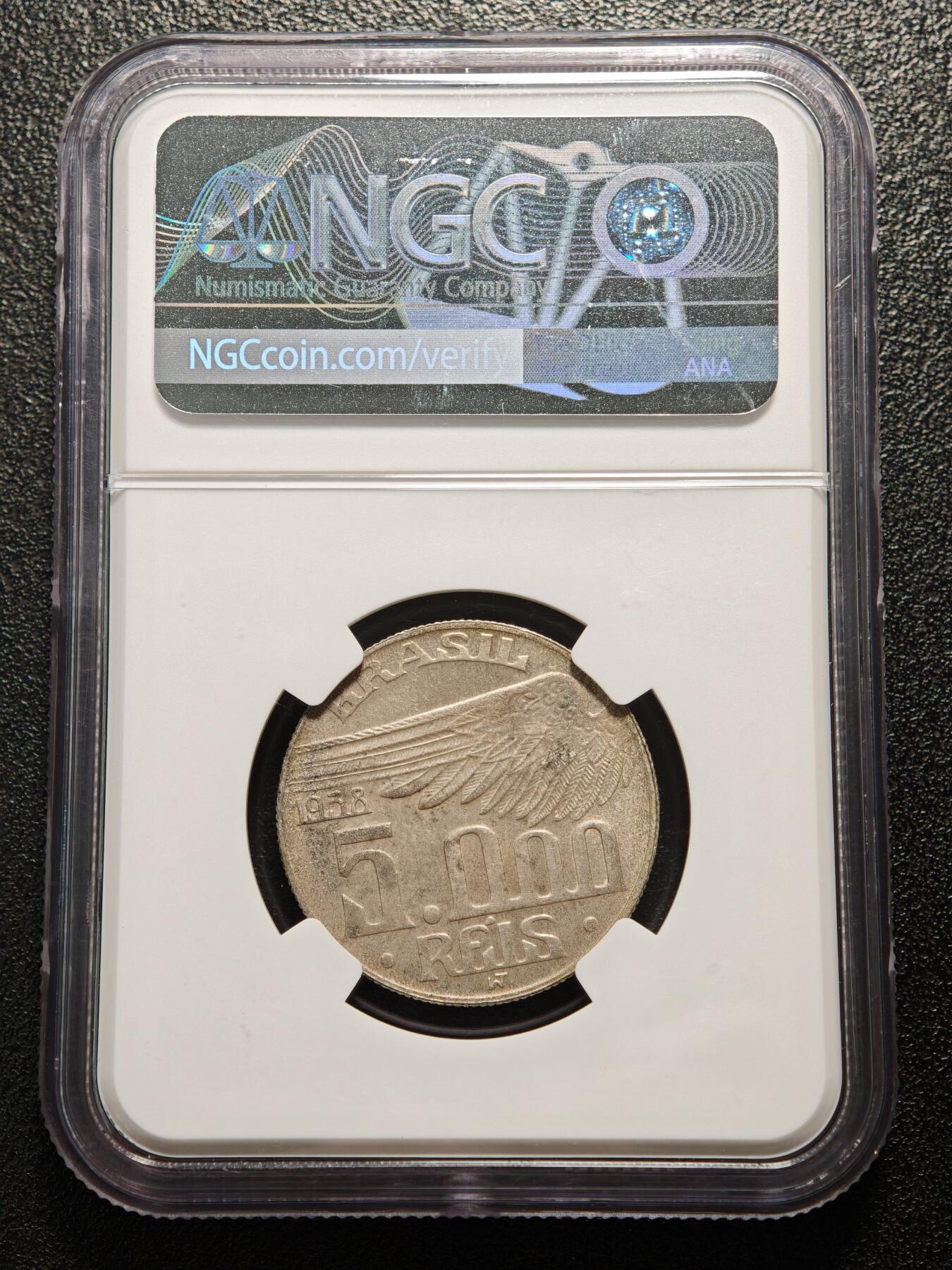 【德藏】世界币章拍卖第169期（拍品征集中~欢迎藏友联系） 1938年 巴西5000瑞斯银币 NGC MS63 状态极佳