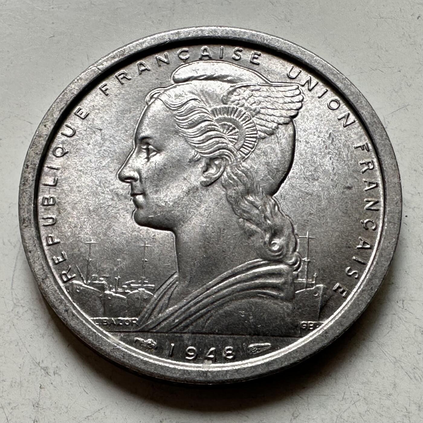 🌹外币初藏🌹🐯2026年第34场   每周二四六晚8️⃣点 接代拍 法属圣皮埃尔和密克隆 1948年 玛丽安娜 2法郎 铝币 