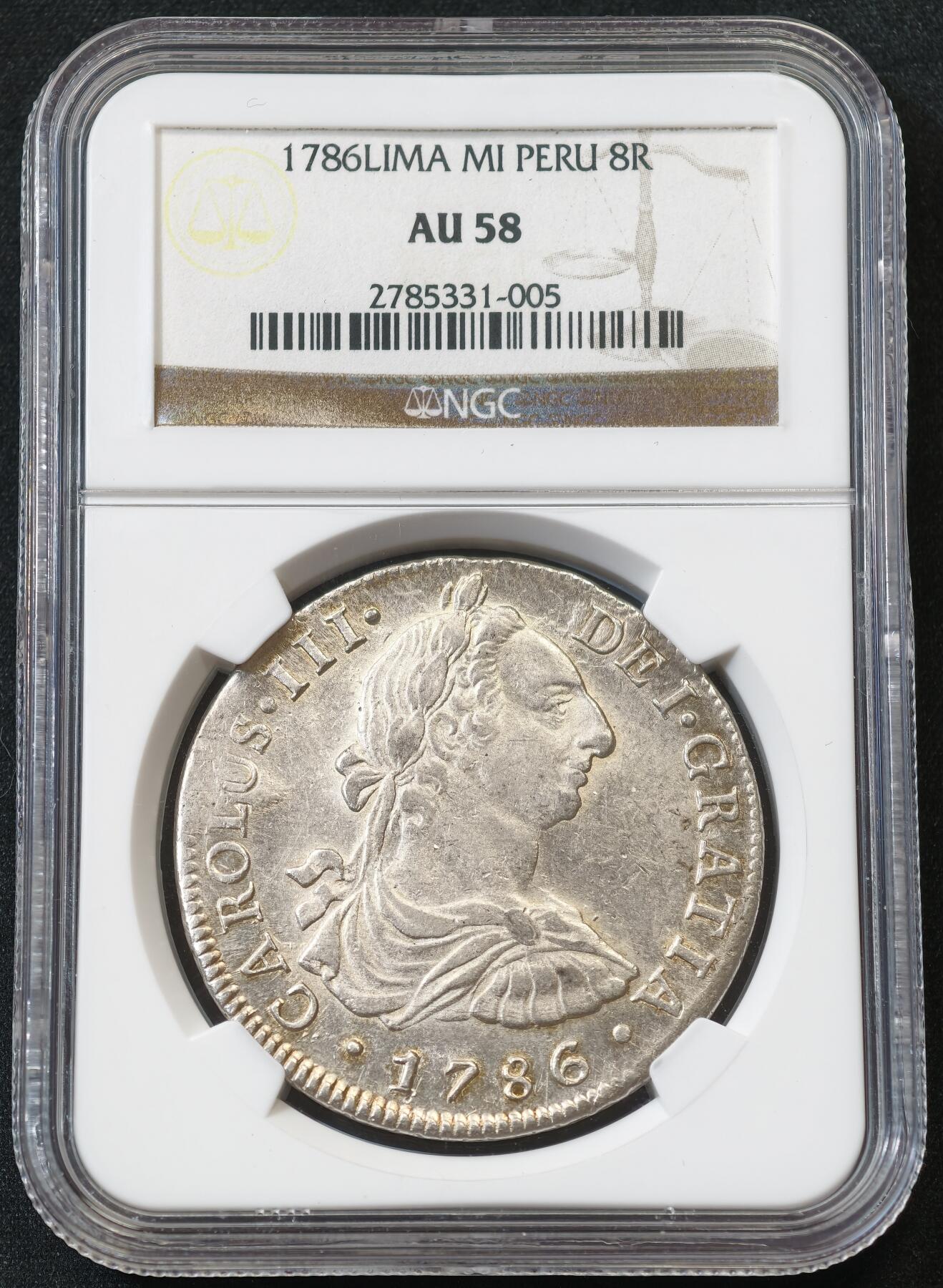 “方寸甄品”甄品场，甄臻铺-世界币章拍卖（第57期，直播拍卖），送拍享返佣金等优惠多多 NGC-AU58 1786年西属秘鲁卡洛斯三世双柱 8里亚尔 原味粉光 利马，打制极佳