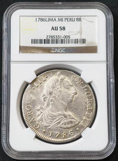 “方寸甄品”甄品场，甄臻铺-世界币章拍卖（第57期，直播拍卖），送拍享返佣金等优惠多多 - NGC-AU58 1786年西属秘鲁卡洛斯三世双柱 8里亚尔 原味粉光 利马，打制极佳
