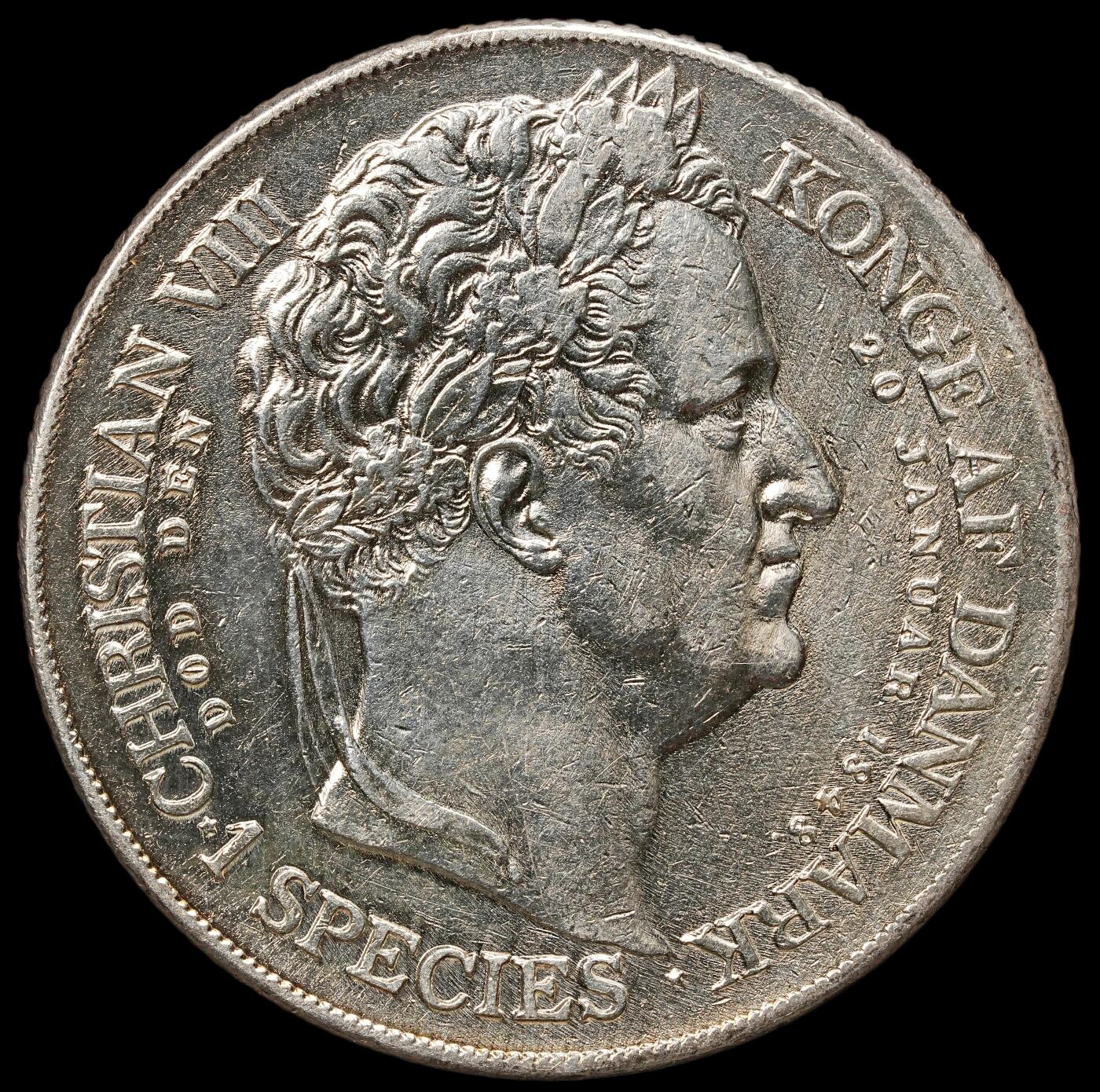 修遠堂世界钱币第109期 1848 年丹麦克里斯蒂安八世逝世 / 弗雷德里克七世继位纪念 1 Speciedaler 大银币，28.89g