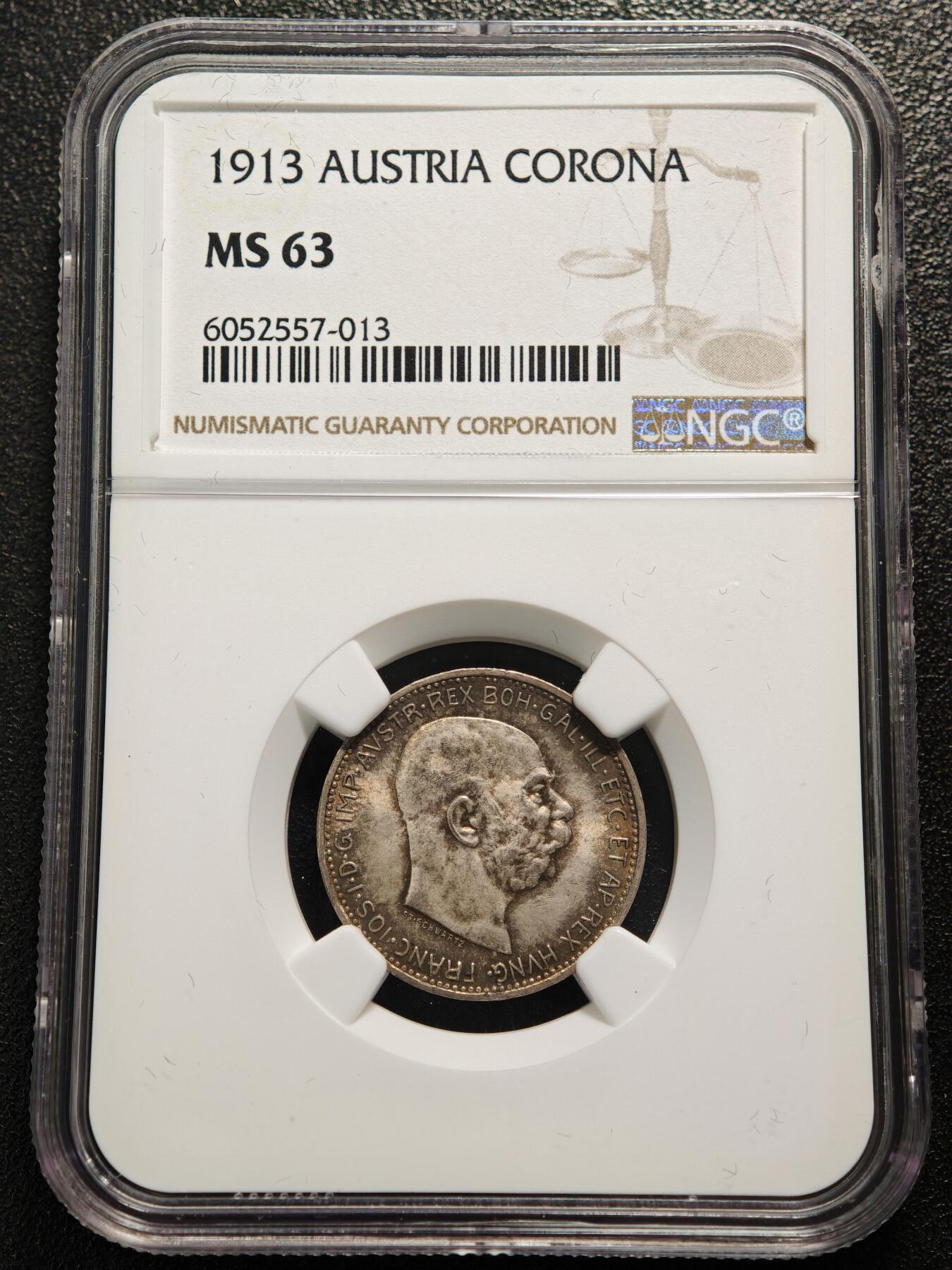 【德藏】世界币章拍卖第169期（拍品征集中~欢迎藏友联系） 1913年 奥地利约瑟夫一世1克朗银币 NGC MS63 环彩包浆