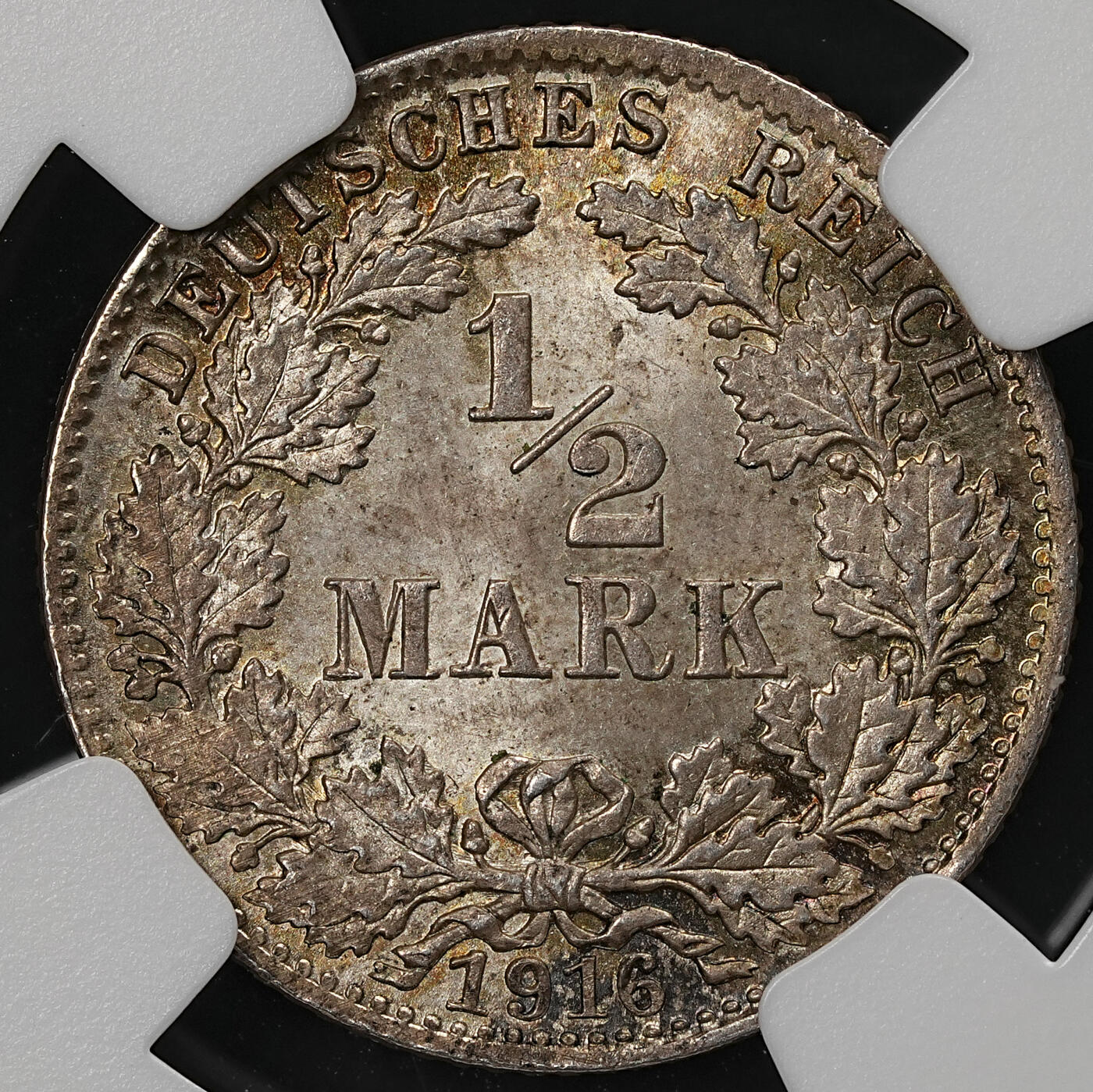 修遠堂世界钱币第109期 NGC MS66 1916年德国1/2马克银币 D厂铭