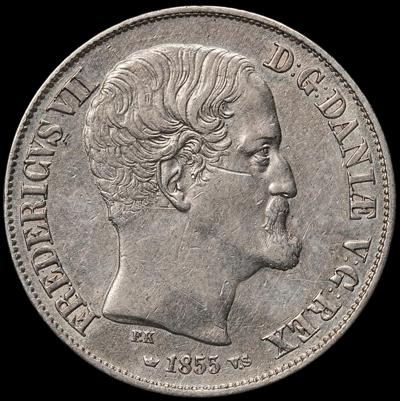 修遠堂世界钱币第109期 1855年丹麦王国弗雷德里克七世1 国家达勒尔（Rigsdaler）银币，14.39g