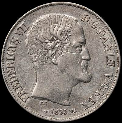 修遠堂世界钱币第109期 - 1855年丹麦王国弗雷德里克七世1 国家达勒尔（Rigsdaler）银币，14.39g