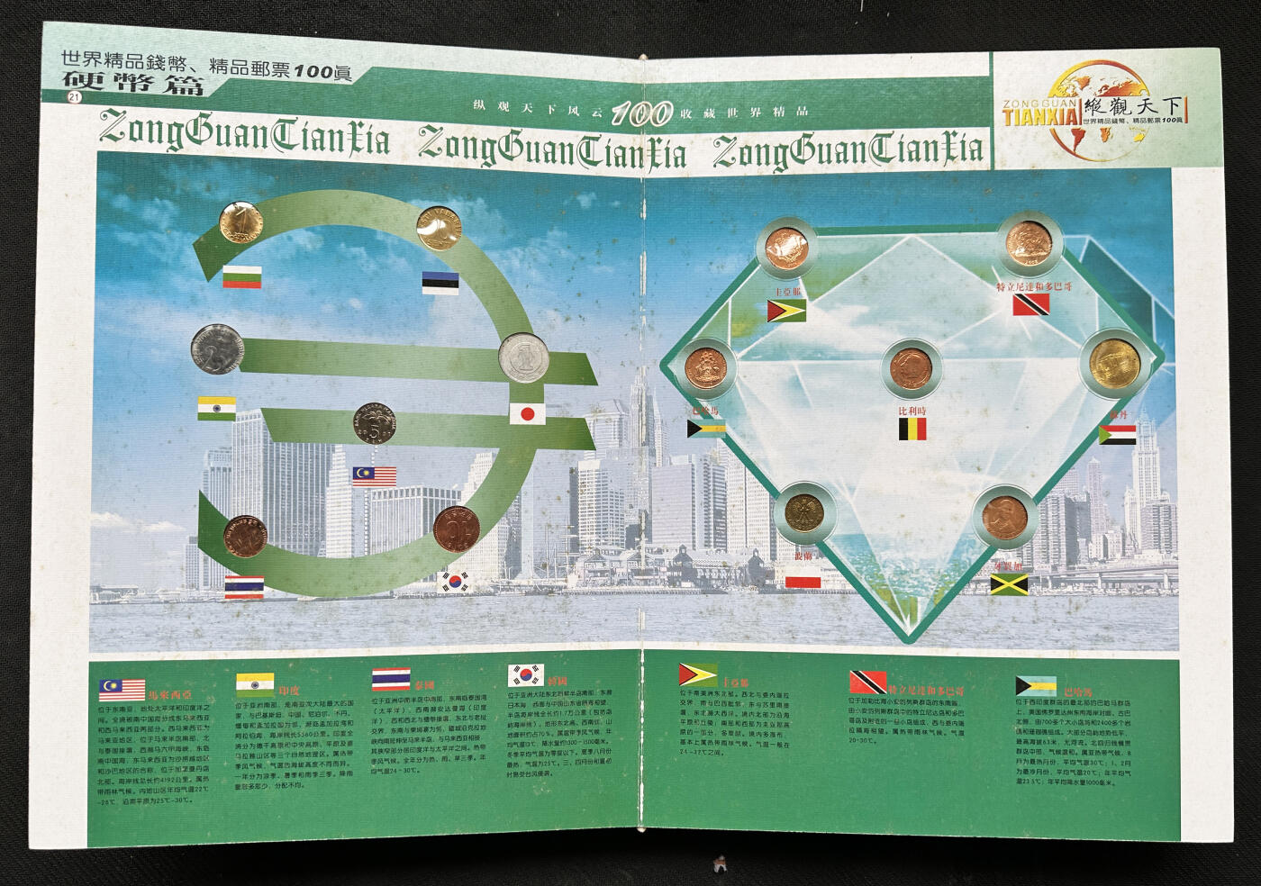 【俄甄集藏】2026年(050)04-01星期三 晚 19:30 全场包邮 纵观天下礼品册-各国纸币、硬币、邮票一本，约40-50个国家