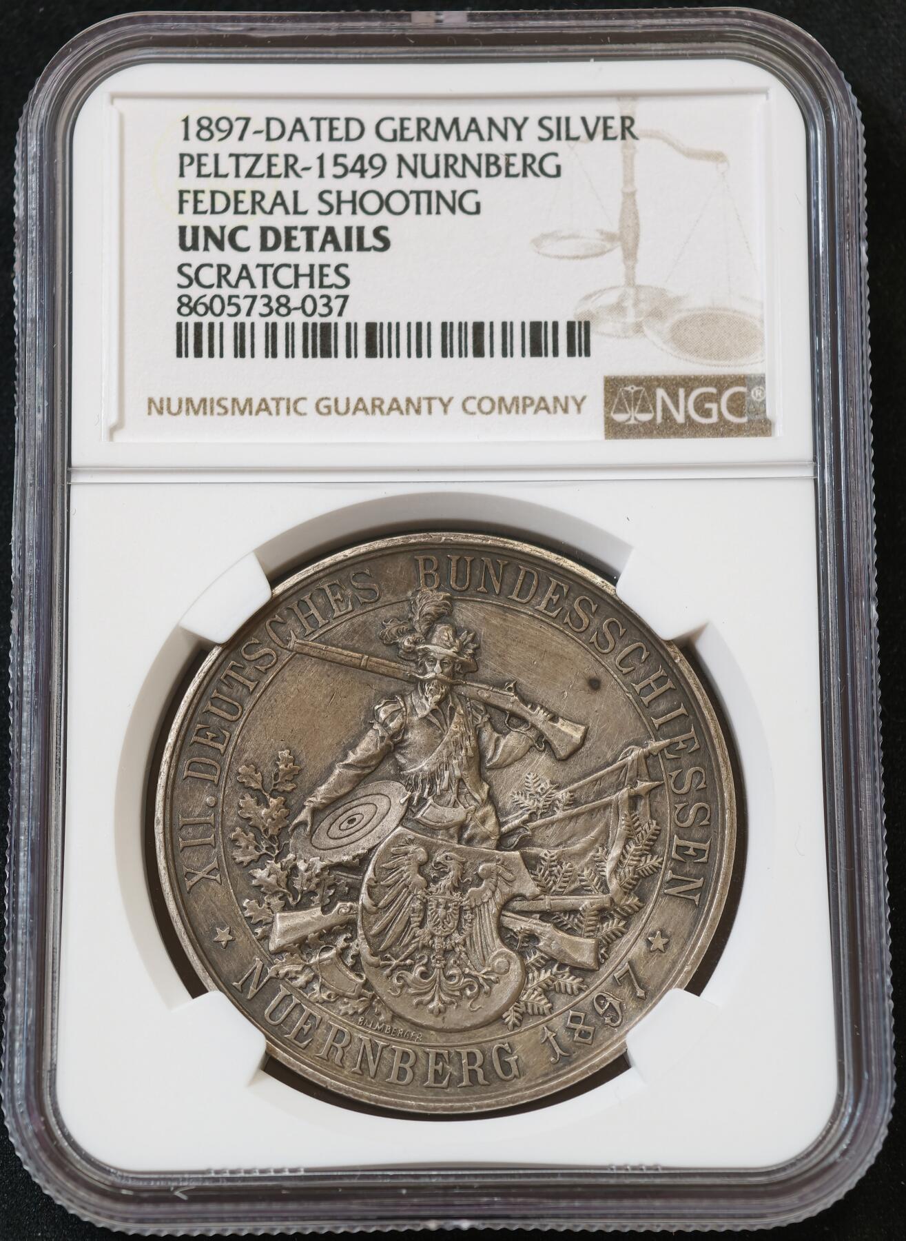 “方寸甄品”甄品场，甄臻铺-世界币章拍卖（第57期，直播拍卖），送拍享返佣金等优惠多多 NGC-UNC 1897年德国联邦射击节第12届巴伐利亚王国纽伦堡市射击节