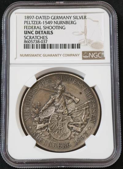 “方寸甄品”甄品场，甄臻铺-世界币章拍卖（第57期，直播拍卖），送拍享返佣金等优惠多多 - NGC-UNC 1897年德国联邦射击节第12届巴伐利亚王国纽伦堡市射击节