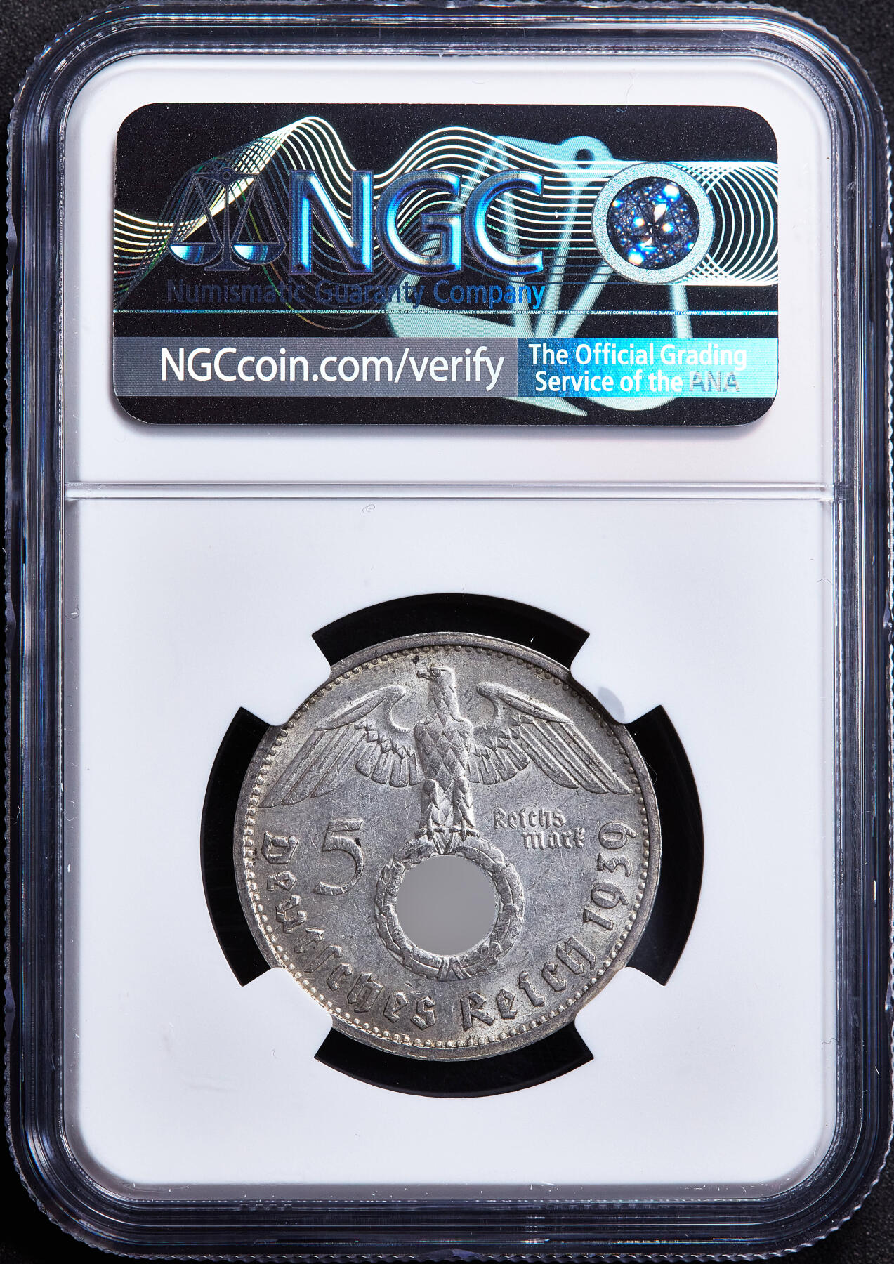 【俄甄集藏】2026年(050)04-01星期三 晚 19:30 全场包邮 德国第三帝国1939年G版兴登堡党徽5马克银币，NGC MS63，转光品相，原图联系客服或官网查询