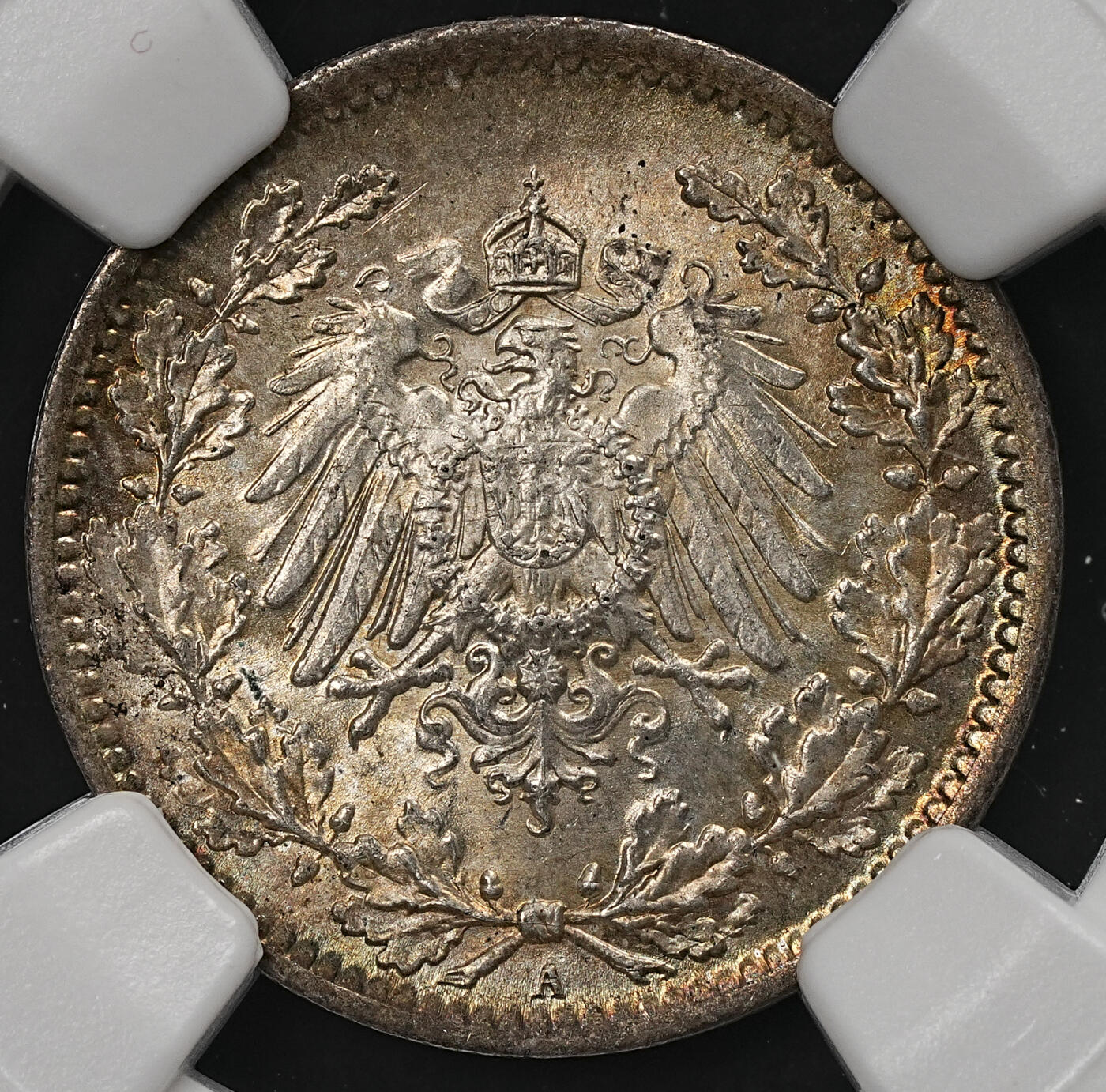 修遠堂世界钱币第109期 NGC MS65 1916年德国1/2马克银币 A厂铭，五彩