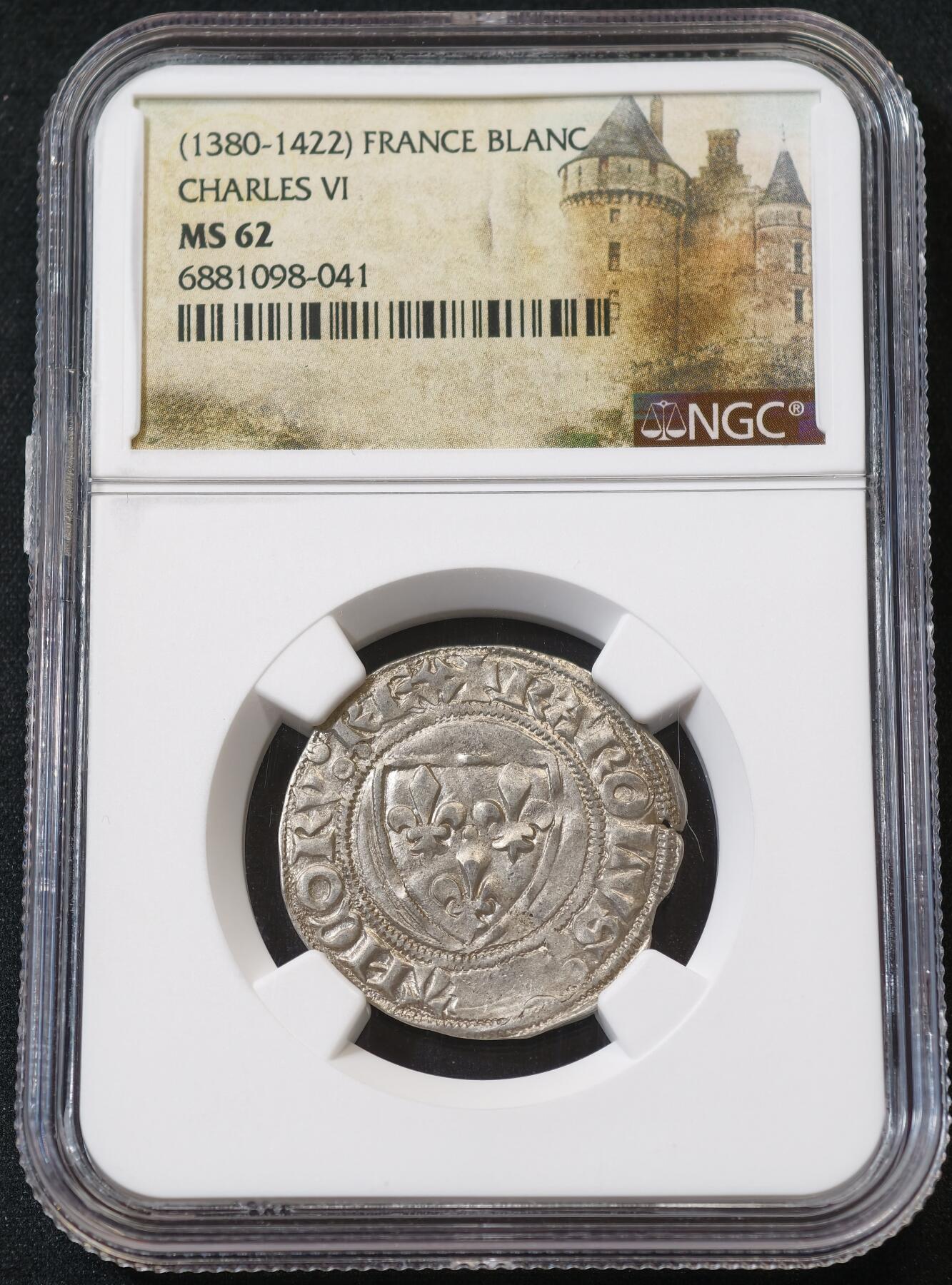 “方寸甄品”甄品场，甄臻铺-世界币章拍卖（第57期，直播拍卖），送拍享返佣金等优惠多多 NGC-MS62 中世纪英法百年战争期间，法国查理六世打制银币，NGC中世纪特殊标签，疯王查理，季军分，绝对的收藏级，全网仅见的分数，银光乍现，打制币能有此状态非常不易，之前的AU58就拍出了近3000元的价格