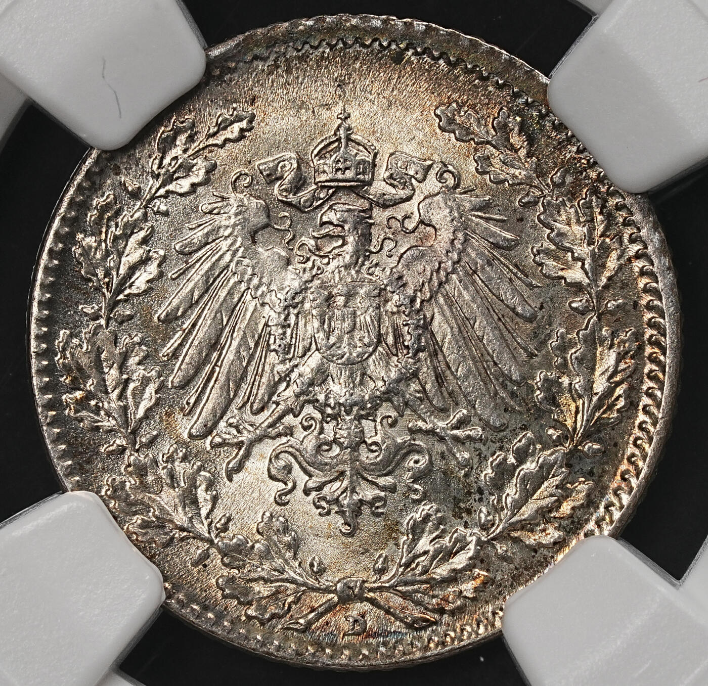 修遠堂世界钱币第109期 NGC MS65 1916年德国1/2马克银币 D厂铭