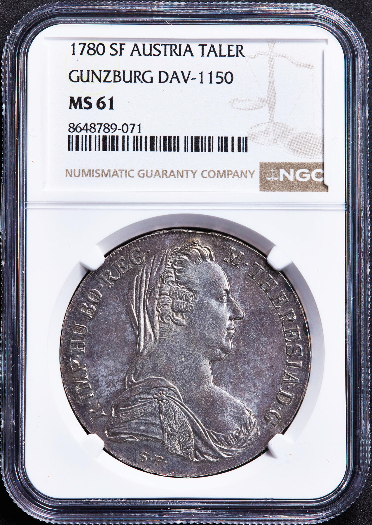 【俄甄集藏】2026年(050)04-01星期三 晚 19:30 全场包邮 神圣罗马帝国-奥地利1780年原铸版玛利亚·特蕾莎皇后SF版1泰勒大奶妈银币，NGC MS61，京茨堡造币厂出品，紫罗兰酱彩老包浆，原光品相，细节犀利，原铸版难得