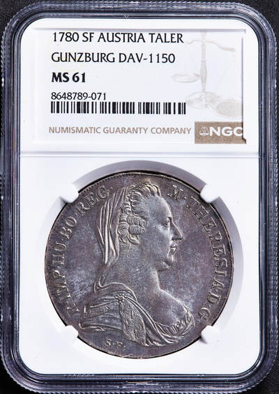 【俄甄集藏】2026年(050)04-01星期三 晚 19:30 全场包邮 - 神圣罗马帝国-奥地利1780年原铸版玛利亚·特蕾莎皇后SF版1泰勒大奶妈银币，NGC MS61，京茨堡造币厂出品，紫罗兰酱彩老包浆，原光品相，细节犀利，原铸版难得