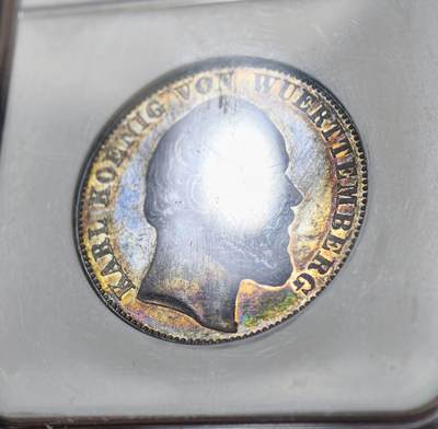 NGC-MS62 德国符腾堡1871年胜利泰勒，大老黑包浆，黑中带彩，PL质感地板