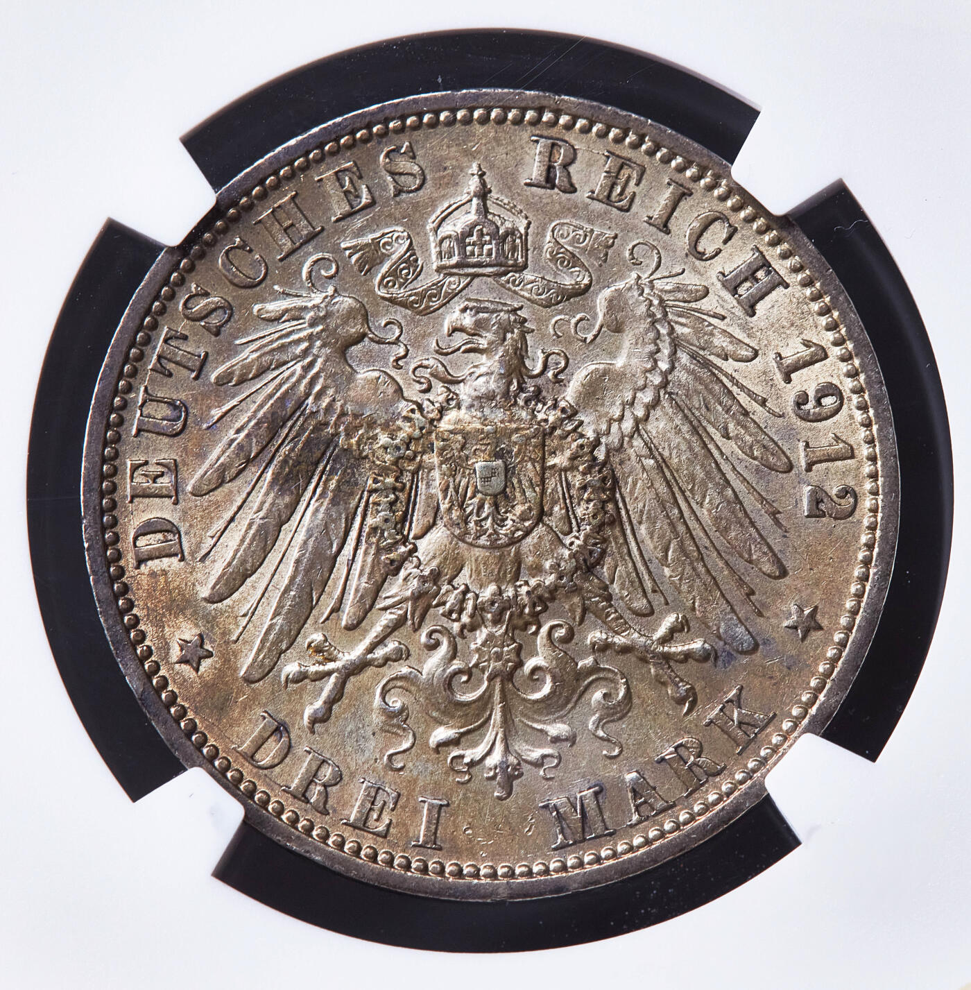 【俄甄集藏】2026年(050)04-01星期三 晚 19:30 全场包邮 德国普鲁士1912年威廉二世A版3马克银币，NGC AU58，黄油酱彩原味老包浆，原光品相，疑似低评