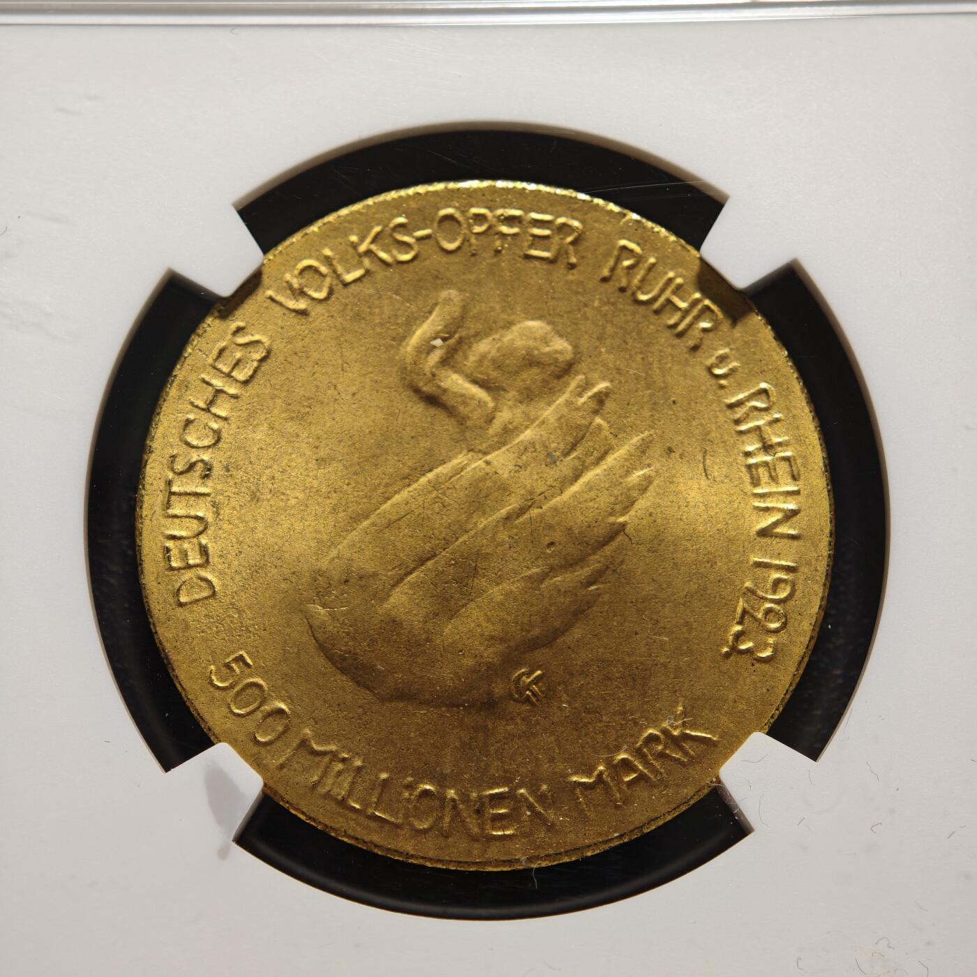 【德藏】世界币章拍卖第169期（拍品征集中~欢迎藏友联系） 1923年 德国德紧时期鲁尔与莱茵地区5亿马克镀金铜币 名家卡尔歌茨作品 NGC MS65 原光十足