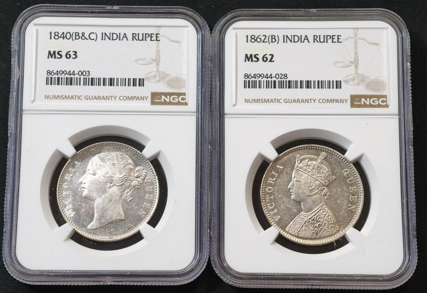 “方寸甄品”甄品场，甄臻铺-世界币章拍卖（第57期，直播拍卖），送拍享返佣金等优惠多多 NGC-MS63-62 1840年、1862年英属印度卢比一组，卷拆曝光，品相很好