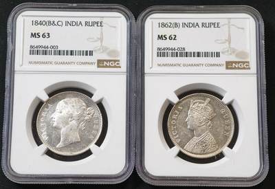“方寸甄品”甄品场，甄臻铺-世界币章拍卖（第57期，直播拍卖），送拍享返佣金等优惠多多 - NGC-MS63-62 1840年、1862年英属印度卢比一组，卷拆曝光，品相很好