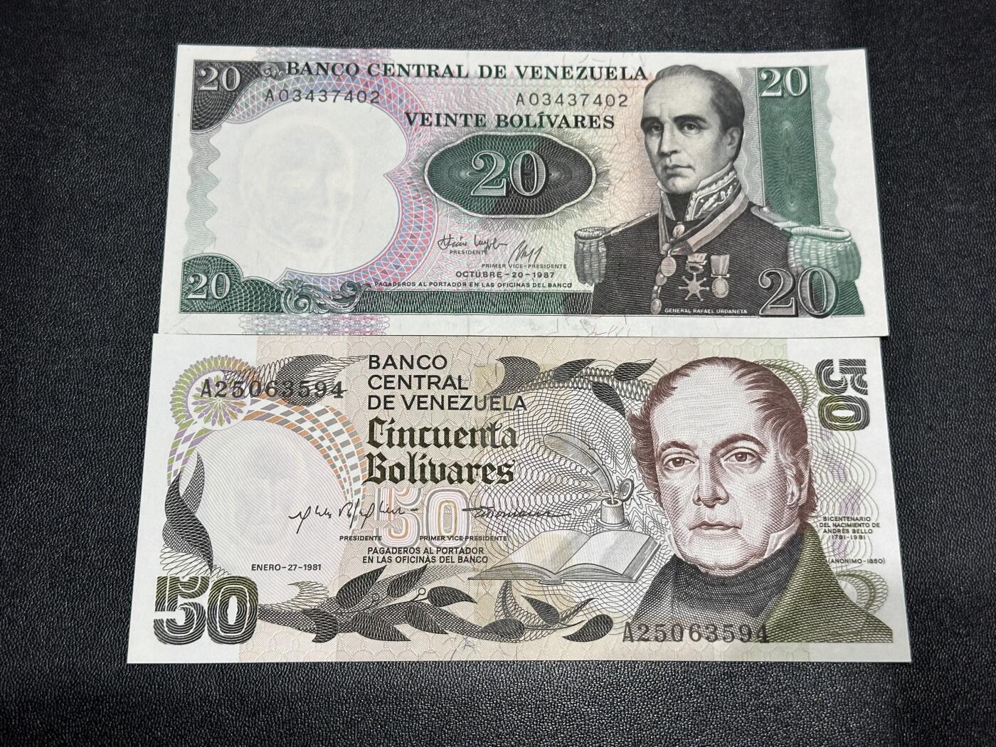 《外钞收藏家》第六百二十一期（精选场）（长期征集拍品、欢迎藏友们联系合作） 委内瑞拉20和50玻利瓦尔 2张一起 全新UNC