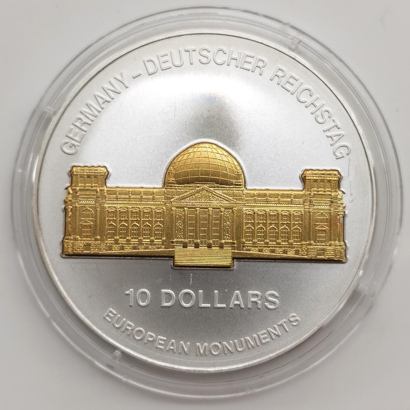 博洋堂“芳菲春韵”3月精品大拍专场暨第166期（全场包邮） 瑙鲁2003年10元带镀金插件反向精制银币 欧洲地标-国会（德） 1盎司999银 发行量：2千 带证