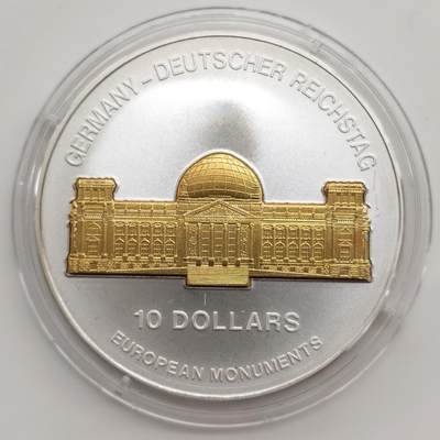 博洋堂“芳菲春韵”3月精品大拍专场暨第166期（全场包邮） - 瑙鲁2003年10元带镀金插件反向精制银币 欧洲地标-国会（德） 1盎司999银 发行量：2千 带证