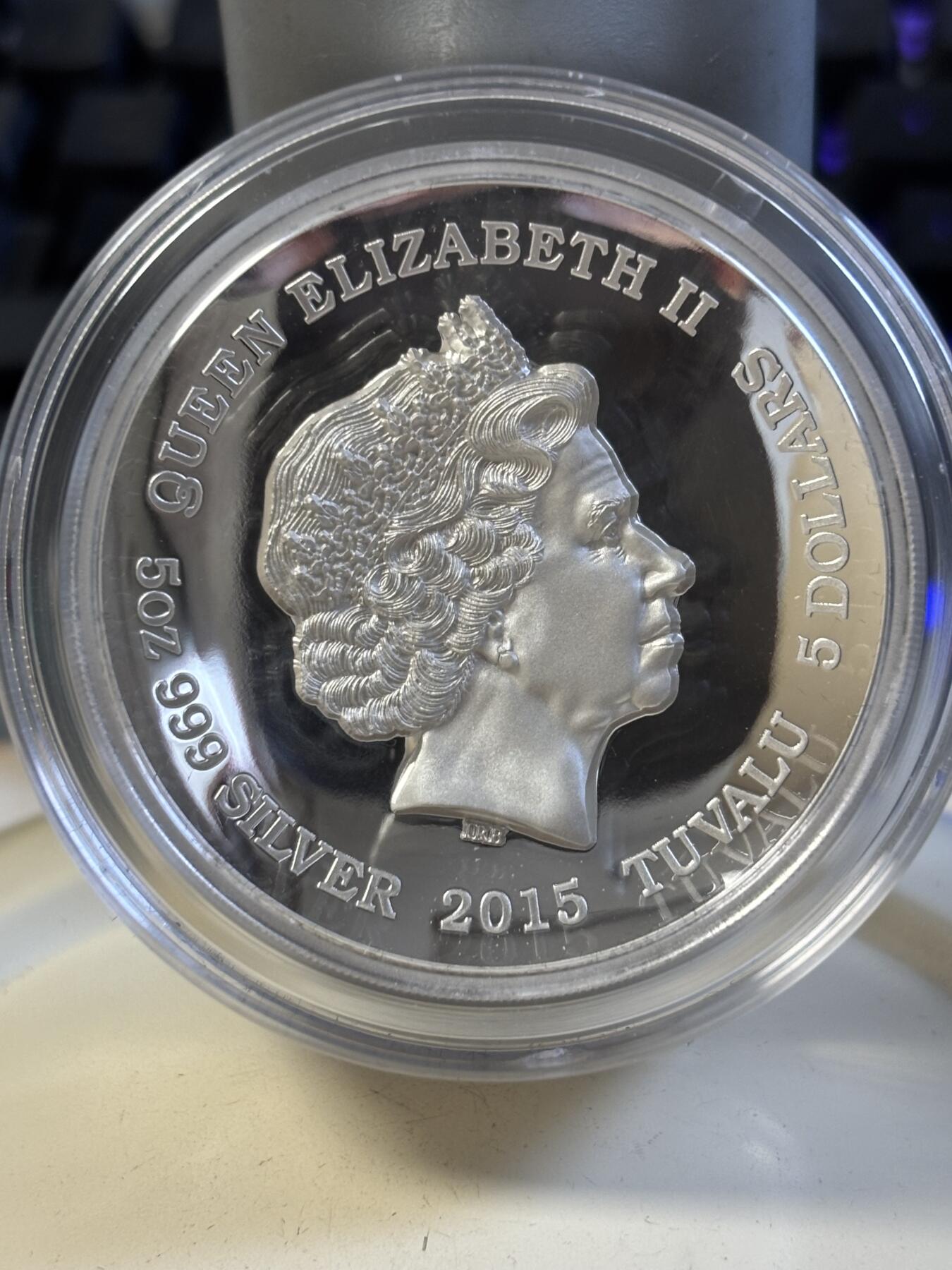 第194期拍卖 图瓦卢2015年中国四大神兽5盎司高浮雕加厚银币，999银，发行1000枚