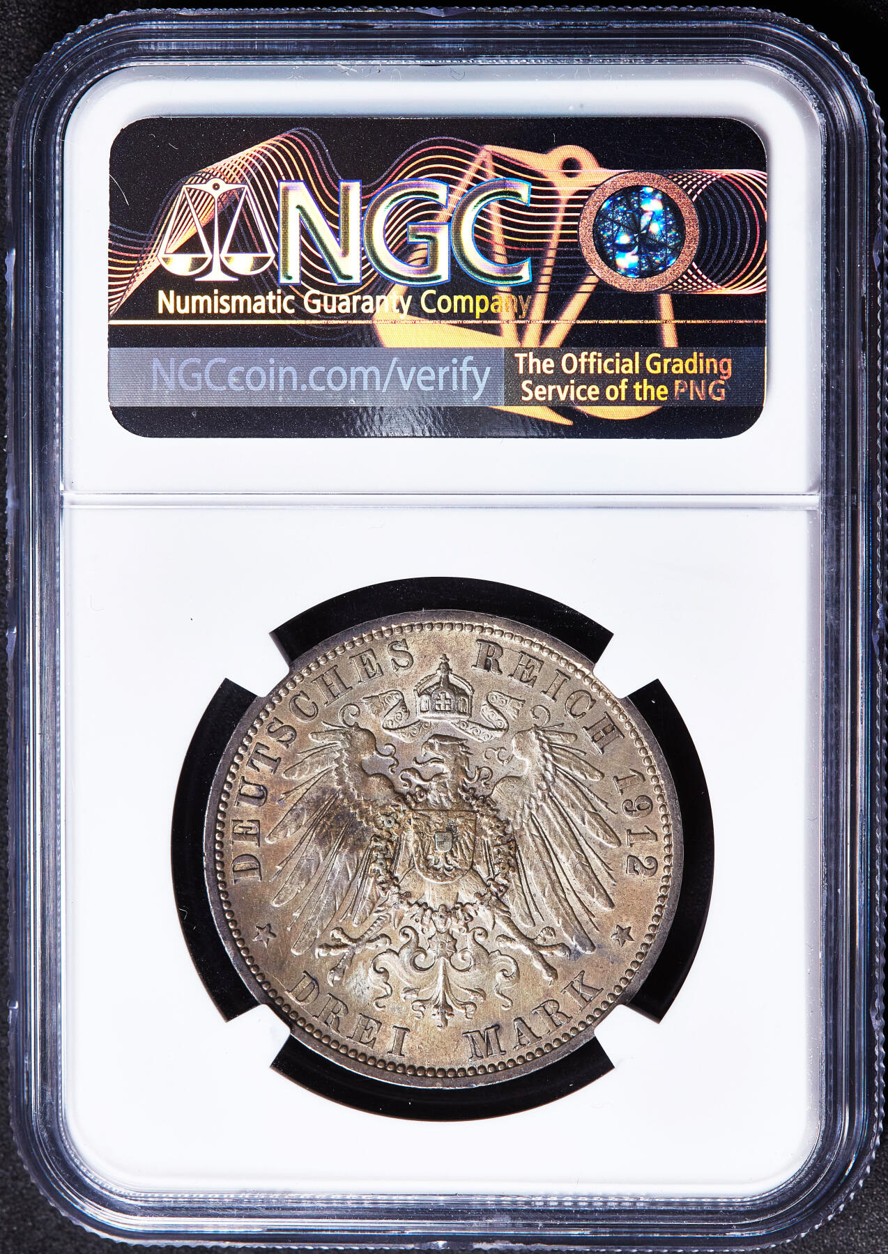 【俄甄集藏】2026年(050)04-01星期三 晚 19:30 全场包邮 德国普鲁士1912年威廉二世A版3马克银币，NGC AU58，黄油酱彩原味老包浆，原光品相，疑似低评