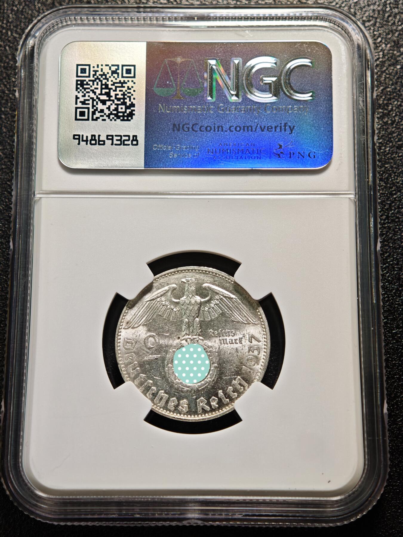 【德藏】世界币章拍卖第169期（拍品征集中~欢迎藏友联系） 1937年 德国民族社会主义工人党兴登堡2马克银币 NGC MS62 原光十足 （原图请查询NGC评级官网）