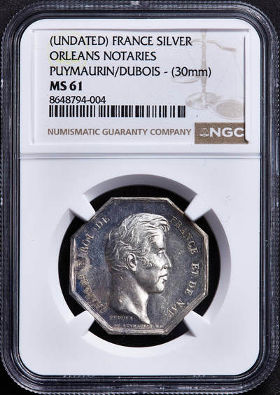 【俄甄集藏】2026年(050)04-01星期三 晚 19:30 全场包邮 - 法国1824-1830年查理十世头像奥尔良公证处银质八角代用币章，NGC MS61，高浮雕，原铸难得