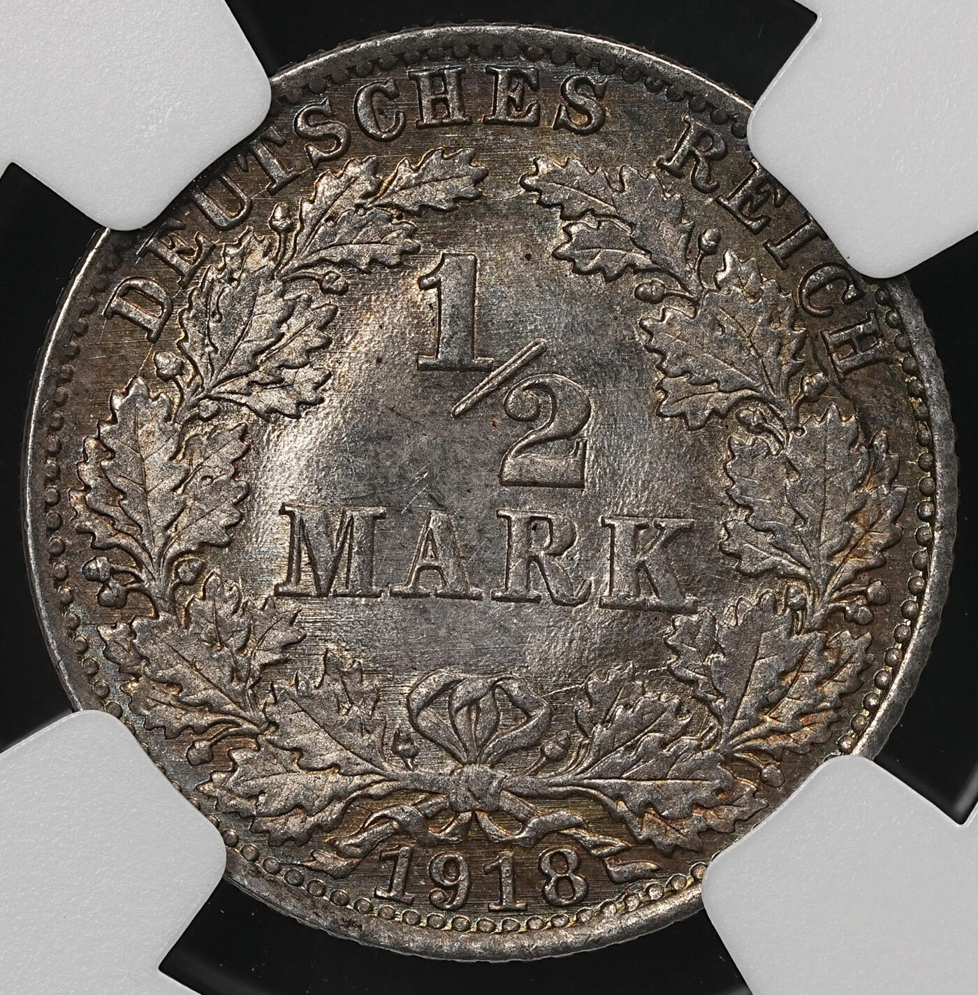 修遠堂世界钱币第109期 NGC MS65 1918年德国1/2马克银币 A厂铭