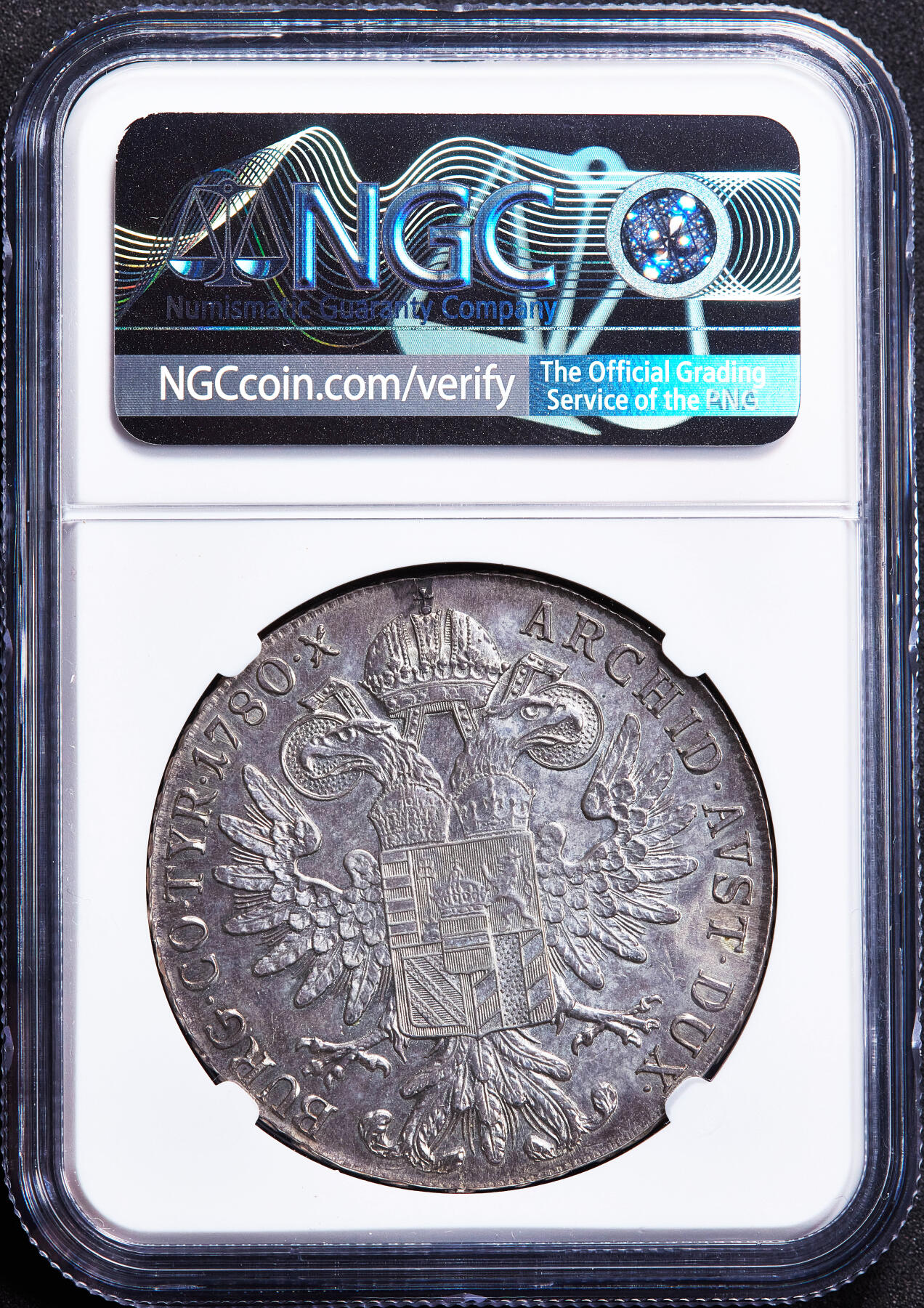 【俄甄集藏】2026年(050)04-01星期三 晚 19:30 全场包邮 神圣罗马帝国-奥地利1780年原铸版玛利亚·特蕾莎皇后SF版1泰勒大奶妈银币，NGC MS61，京茨堡造币厂出品，紫罗兰酱彩老包浆，原光品相，细节犀利，原铸版难得