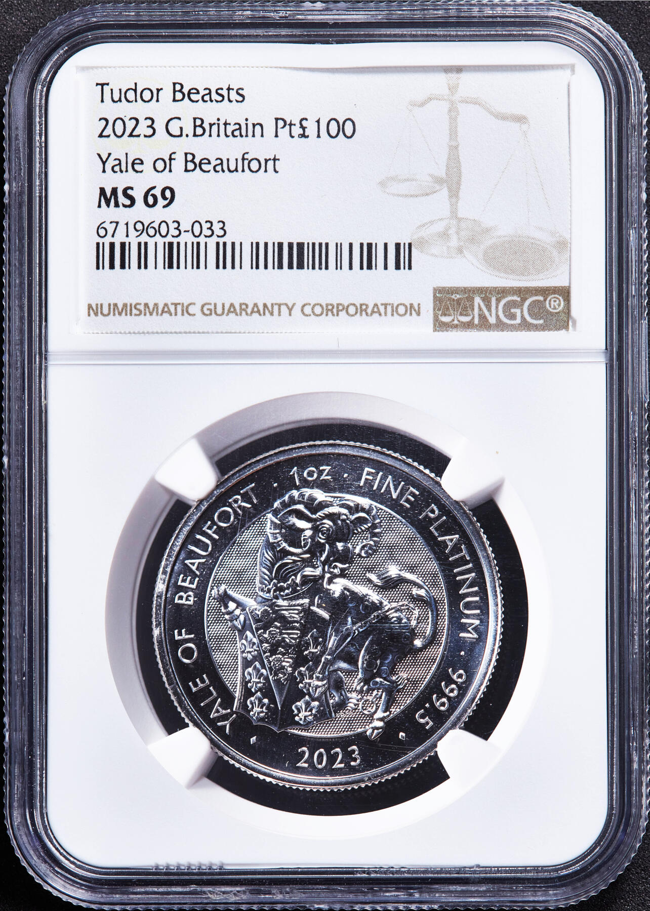 【俄甄集藏】2026年(050)04-01星期三 晚 19:30 全场包邮 英国2023年都铎王室神兽系列-博福特山羊角兽(耶鲁)100镑1盎司铂金币，NGC MS69，重31.21克，9995铂金，难得一见的品种