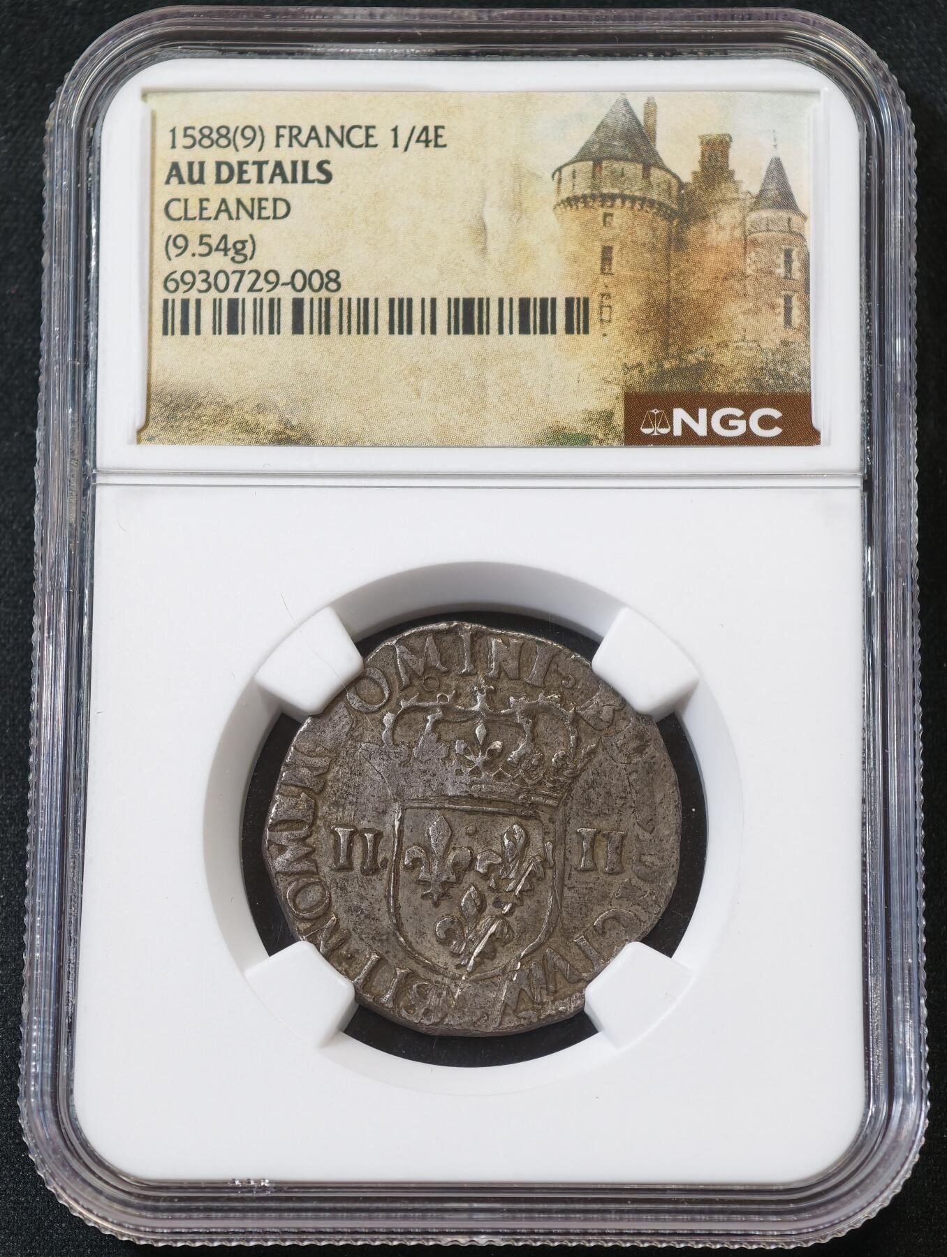 “方寸甄品”甄品场，甄臻铺-世界币章拍卖（第57期，直播拍卖），送拍享返佣金等优惠多多 NGC-AUD 中世纪法国亨利三世1/4埃居，瓦卢瓦王朝最后一位国王，宗教战争时期，NGC中世纪特殊标签，虽判定清洗，但是正反图案打制非常清晰，此品种本身很少见且多弱打，这枚状态很难得